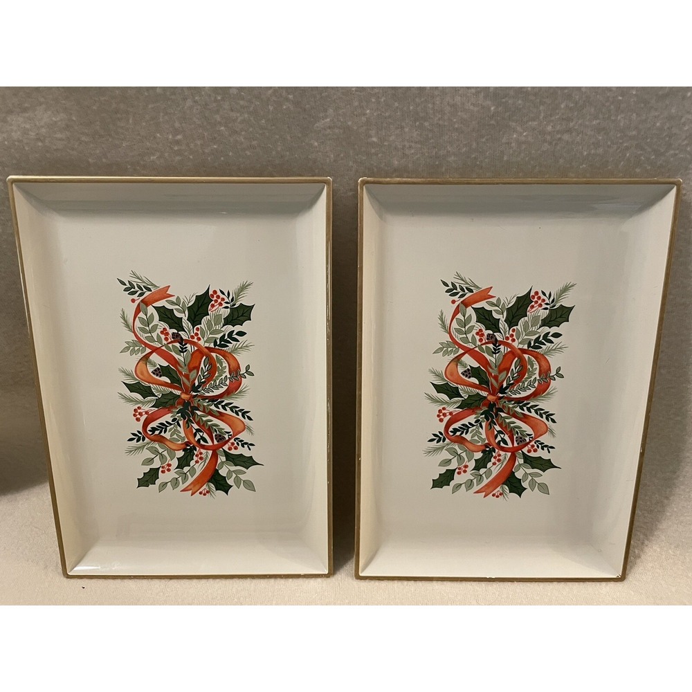 Set Of 2 VTG Otagiri Japan Tray Platter Christmas Red Bow Lauqerware  8.5x6"